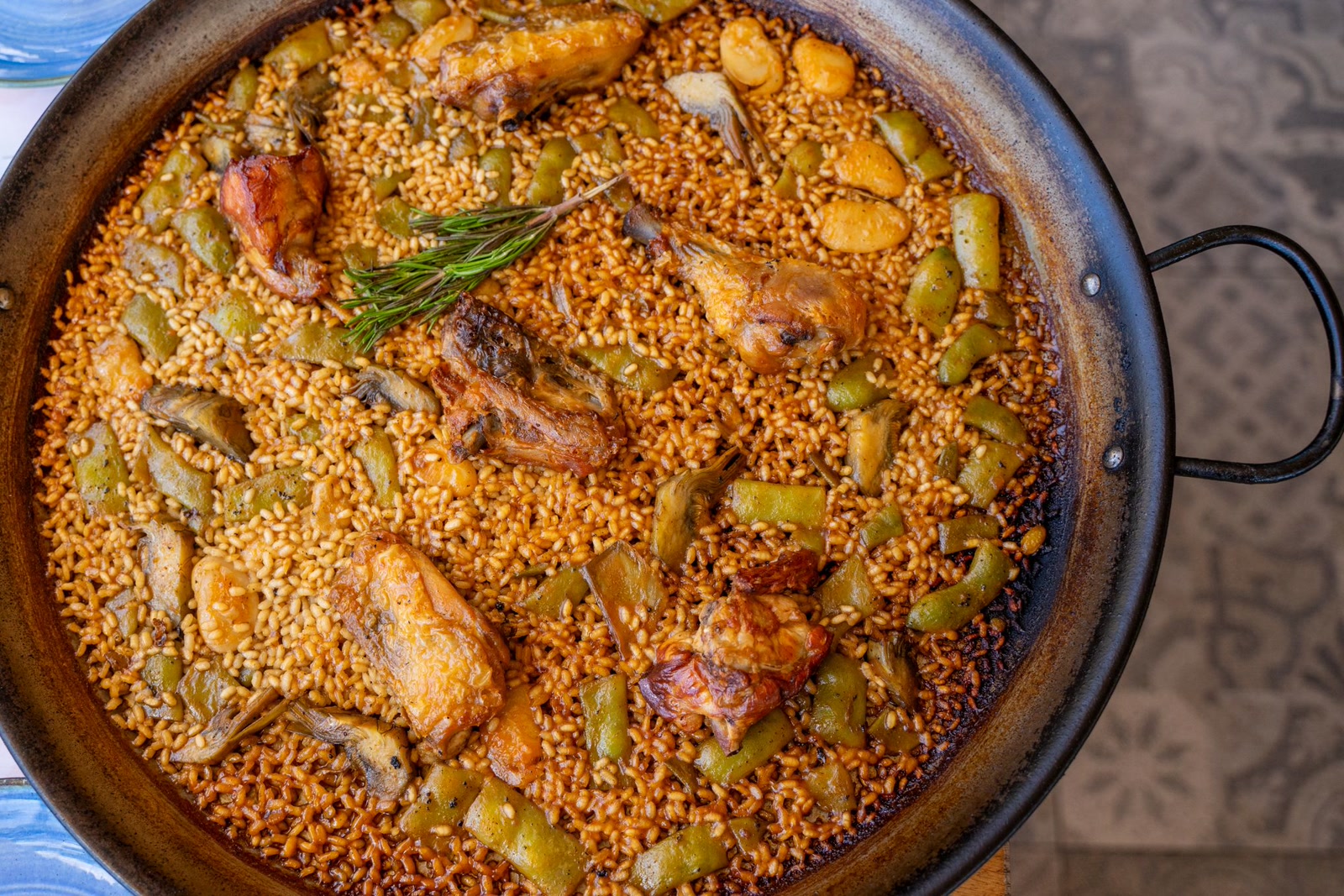 A big pan of paella valenciana